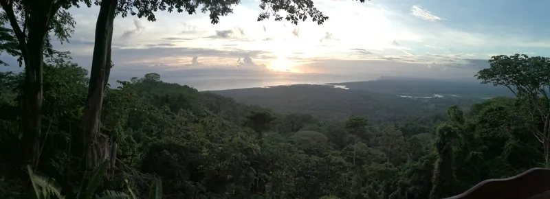 Forested ridges fall away toward the sea as the light goes.