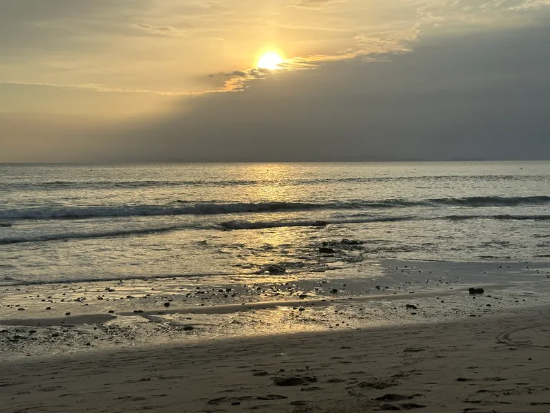 The sun sits low over the water and catches the wet sand at low tide.