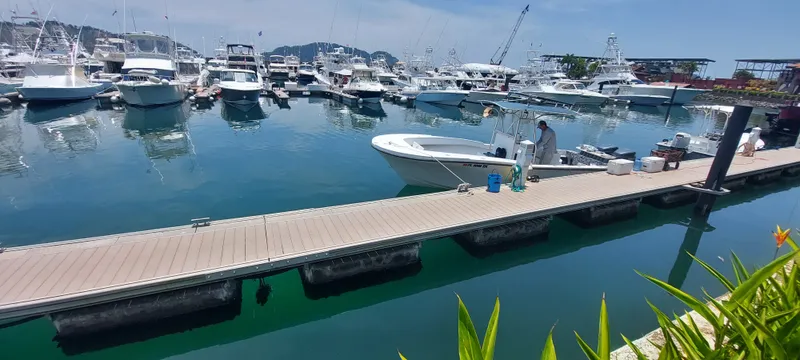 A small boat tied to a floating dock in a marina, larger boats lined up behind.