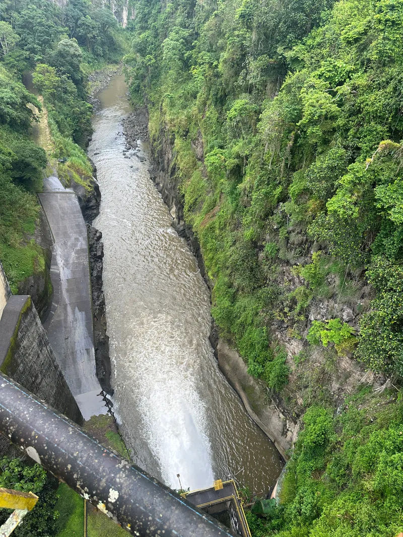 A river seen from above, running between steep green walls with the concrete wall of a dam on one side.