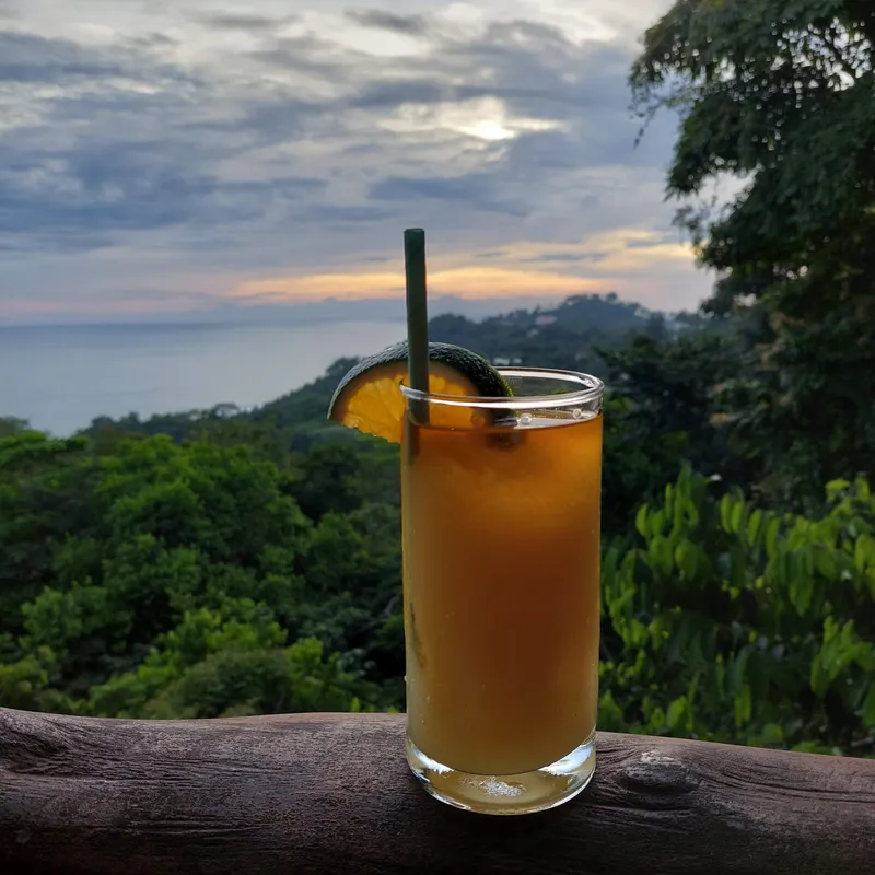 A tall glass of orange juice with a lime wedge, resting on a wooden rail above the forest at dusk.