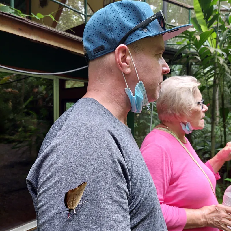 A butterfly rests on a man's sleeve while he and an older woman look off to one side inside a garden shelter.