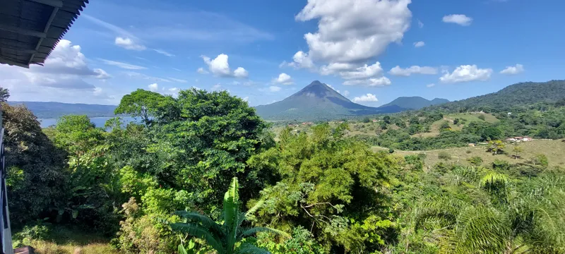A cone shaped volcano rises above rainforest under tall white clouds.