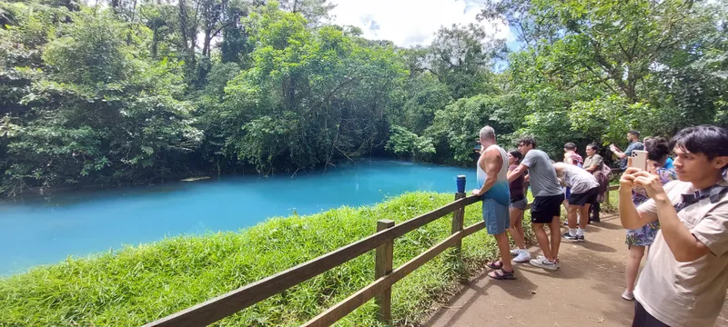 People stand at a wooden fence above a pool of bright turquoise water ringed by forest.